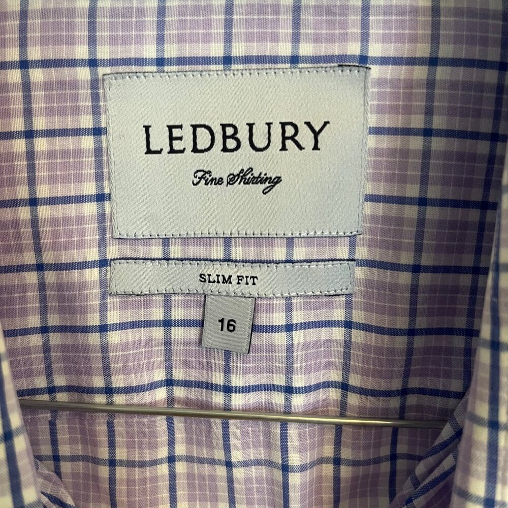 Ledbury 100% cotton slim fit dress shirt size 16 - blue, purple, and white check